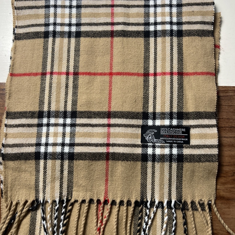 Plaid Scarf Fringe Italy‎ Design Cashmere Blend 64" Long Preppy Classic Neutral
